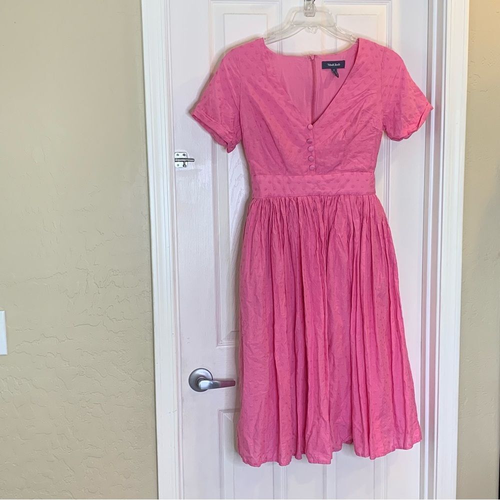 ModCloth Fabulous Fit and Flare Textured Fabric Shirt Pink Midi Dress Size 2 - Picture 4 of 13